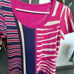 Tory Burch Pink and Blue Striped Short Sleeve Top